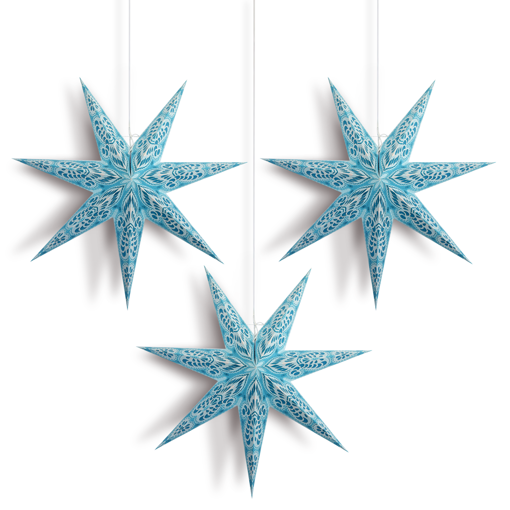 3-PACK + CORD + BULBS | Turquoise Blue Peacock 24&quot; Illuminated 7-Point Paper Star Lanterns and Lamp Cord Hanging Decorations