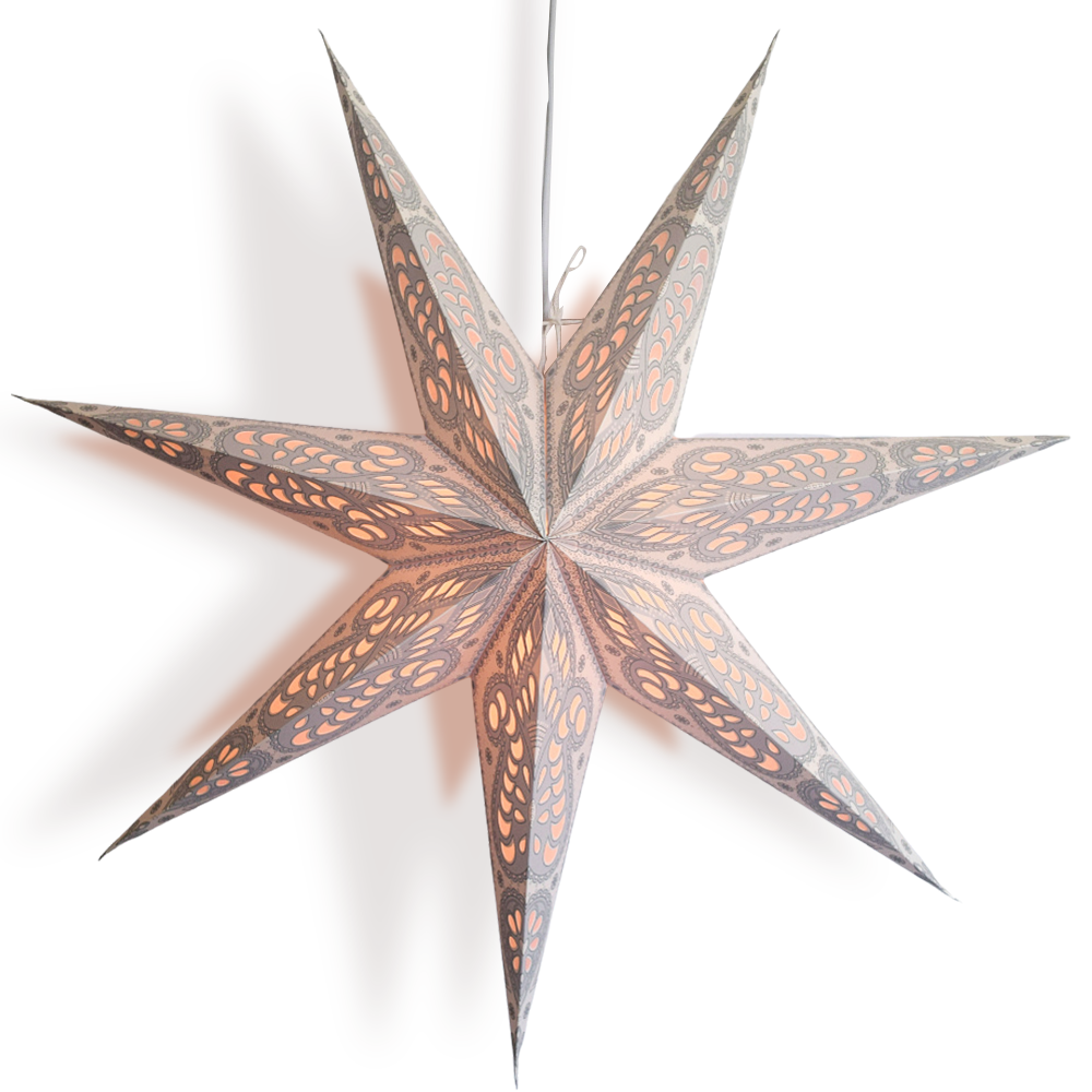 24&quot; White Grey Peacock 7-Point Paper Star Lantern, Hanging