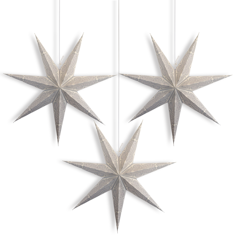 3-PACK 24&quot; White Grey Peacock Illuminated 7-Point Paper Star Lantern, with LED Bulbs and Lamp Cord Light Included