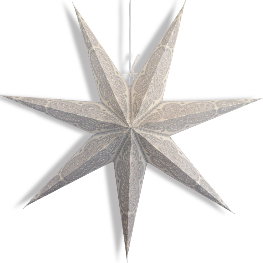 3-PACK 24&quot; White Grey Peacock Illuminated 7-Point Paper Star Lantern, with LED Bulbs and Lamp Cord Light Included