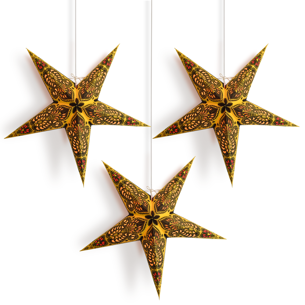 3-PACK + Cord | 24" Cream Yellow Peacock Paper Star Lantern and Lamp Cord Hanging Decoration