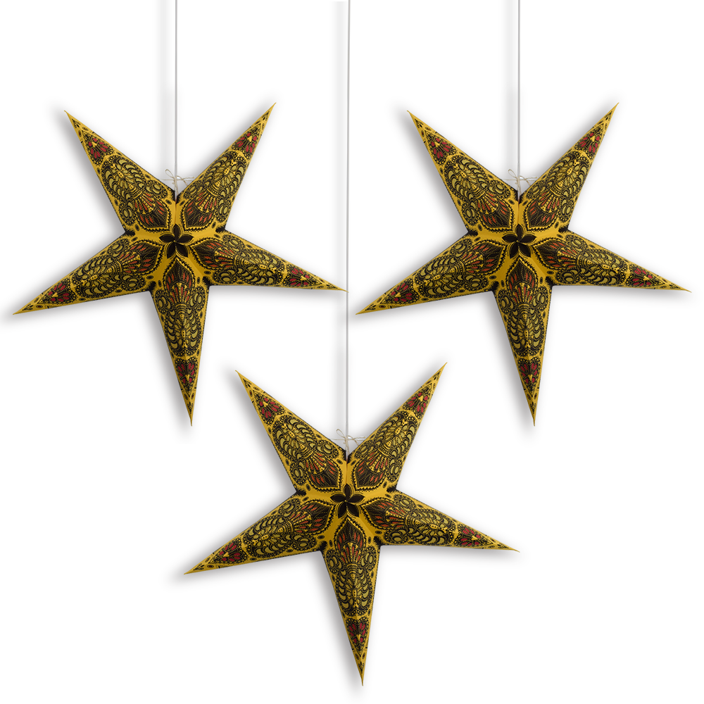 3-PACK 24&quot; Cream Yellow Peacock Paper Star Lantern, with LED Bulbs and Lamp Cord Light Included