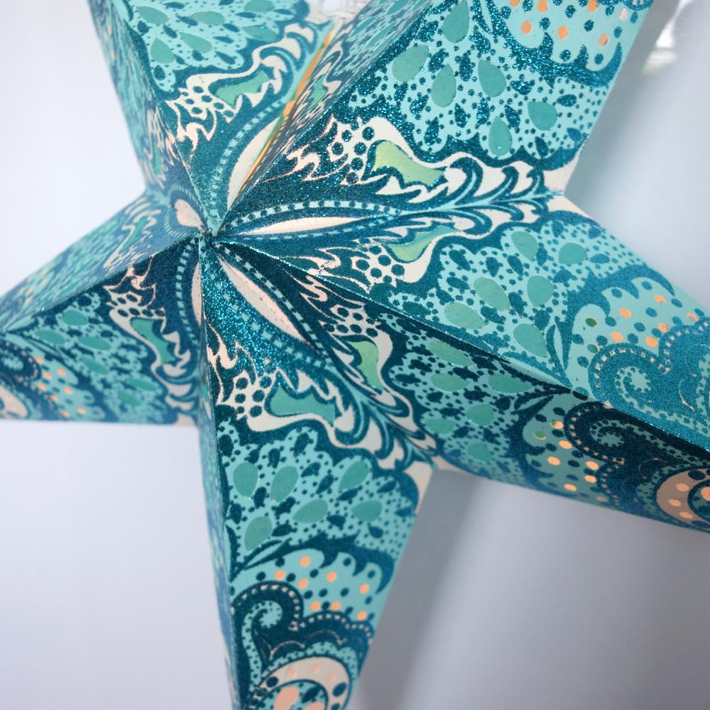 24&quot; Turquoise Blue Rain Glitter Paper Star Lantern, Hanging Wedding &amp; Party Decoration