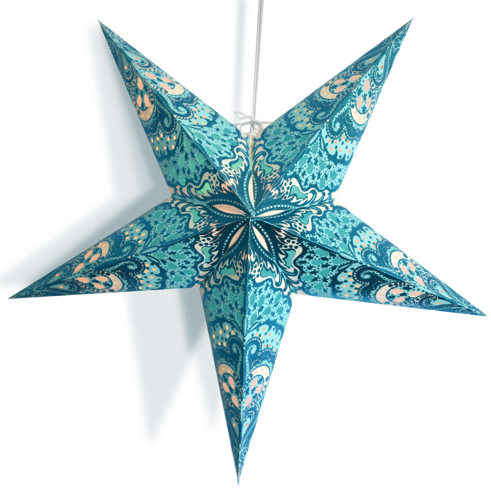 24" Turquoise Blue Rain Glitter Paper Star Lantern, Chinese Hanging Wedding & Party Decoration