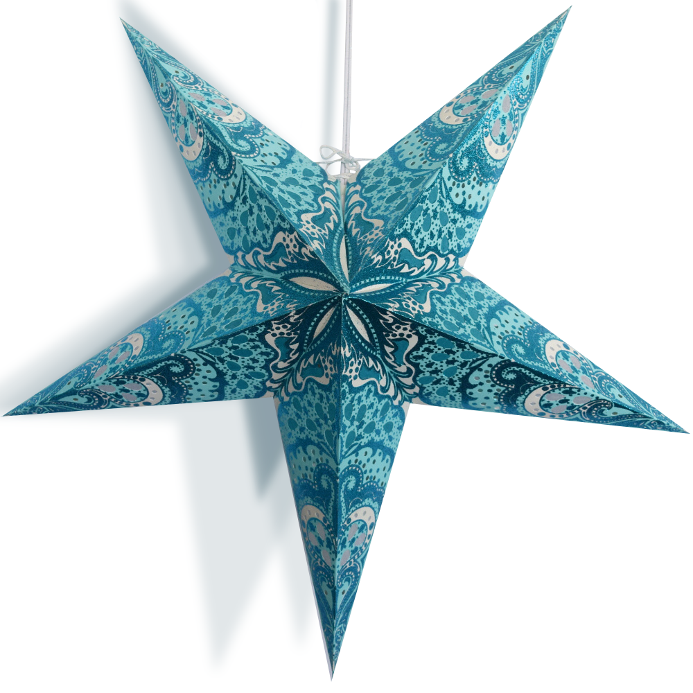 24&quot; Turquoise Blue Rain Glitter Paper Star Lantern, Hanging Wedding &amp; Party Decoration