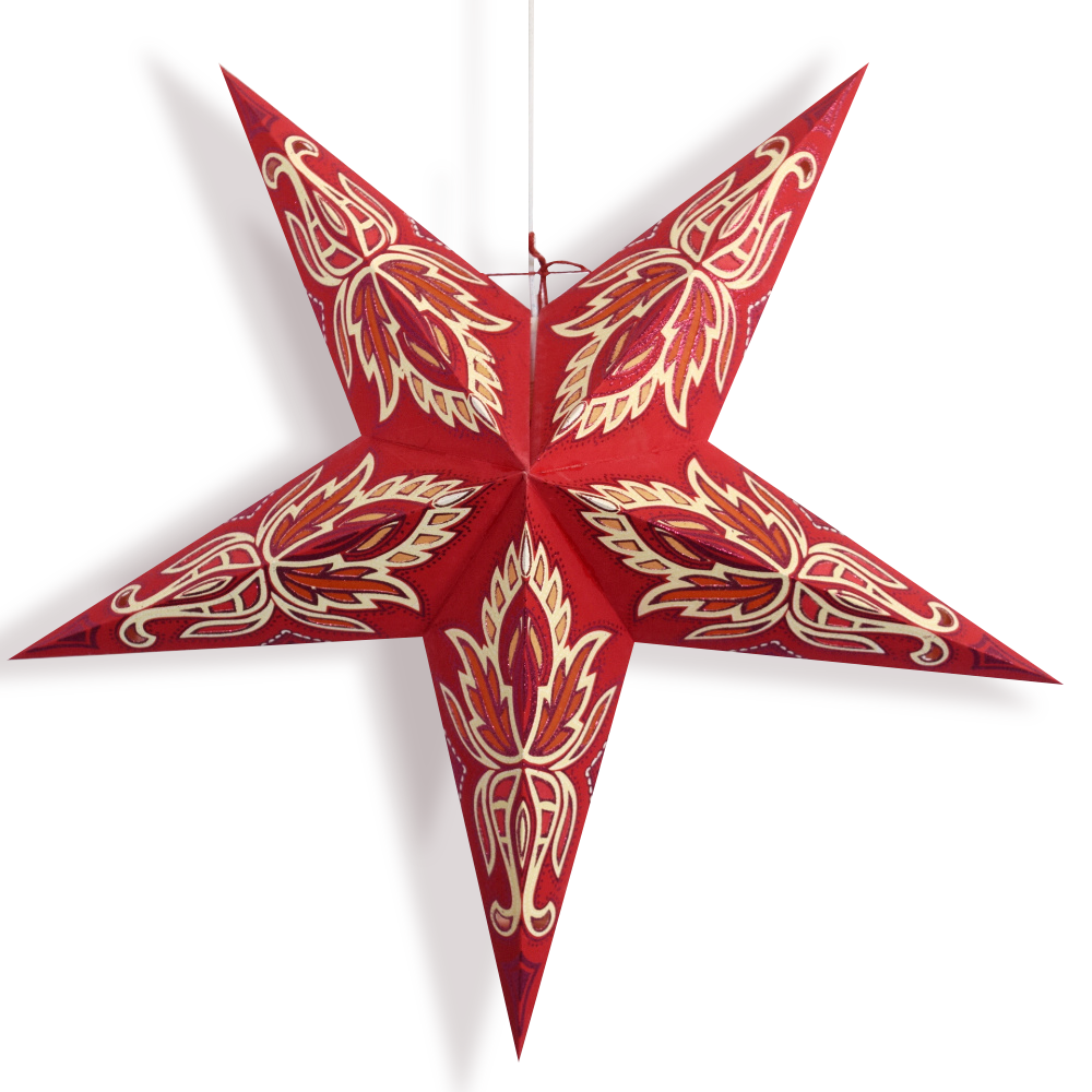 24" Red / Vanilla Cream Lotus Glitter Paper Star Lantern, Hanging