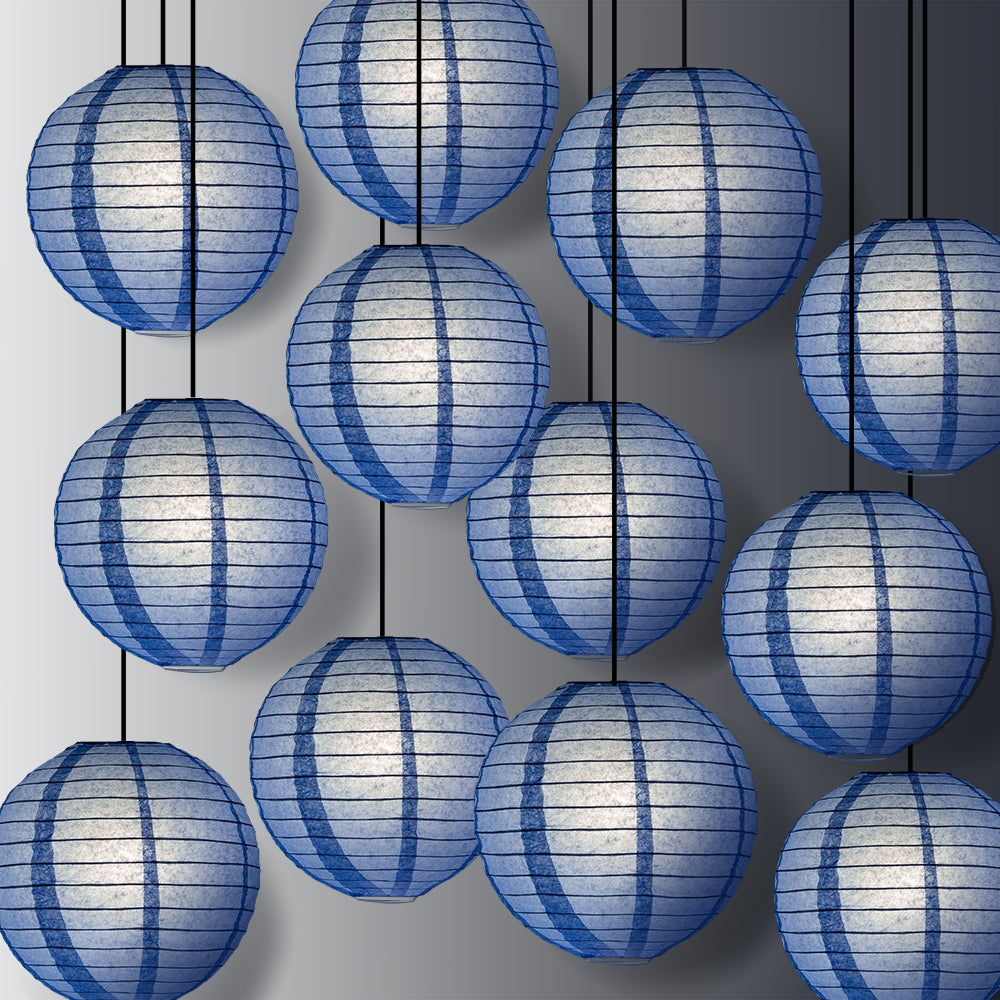12 PACK | 12" Serenity Blue Even Ribbing Round Paper Lantern, Hanging Combo Set - PaperLanternStore.com - Paper Lanterns, Decor, Party Lights & More