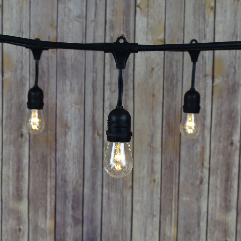 48-Foot Shatterproof S14 Warm White LED String Light Outdoor Commercial Weatherproof SJTW Suspended Cord Black, 15 Bulb, 10.5 Total Watts - PaperLanternStore.com - Paper Lanterns, Decor, Party Lights &amp; More