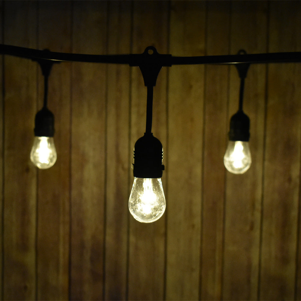 48-Foot Shatterproof S14 Warm White LED String Light Outdoor Commercial Weatherproof SJTW Suspended Cord Black, 15 Bulb, 10.5 Total Watts - PaperLanternStore.com - Paper Lanterns, Decor, Party Lights &amp; More