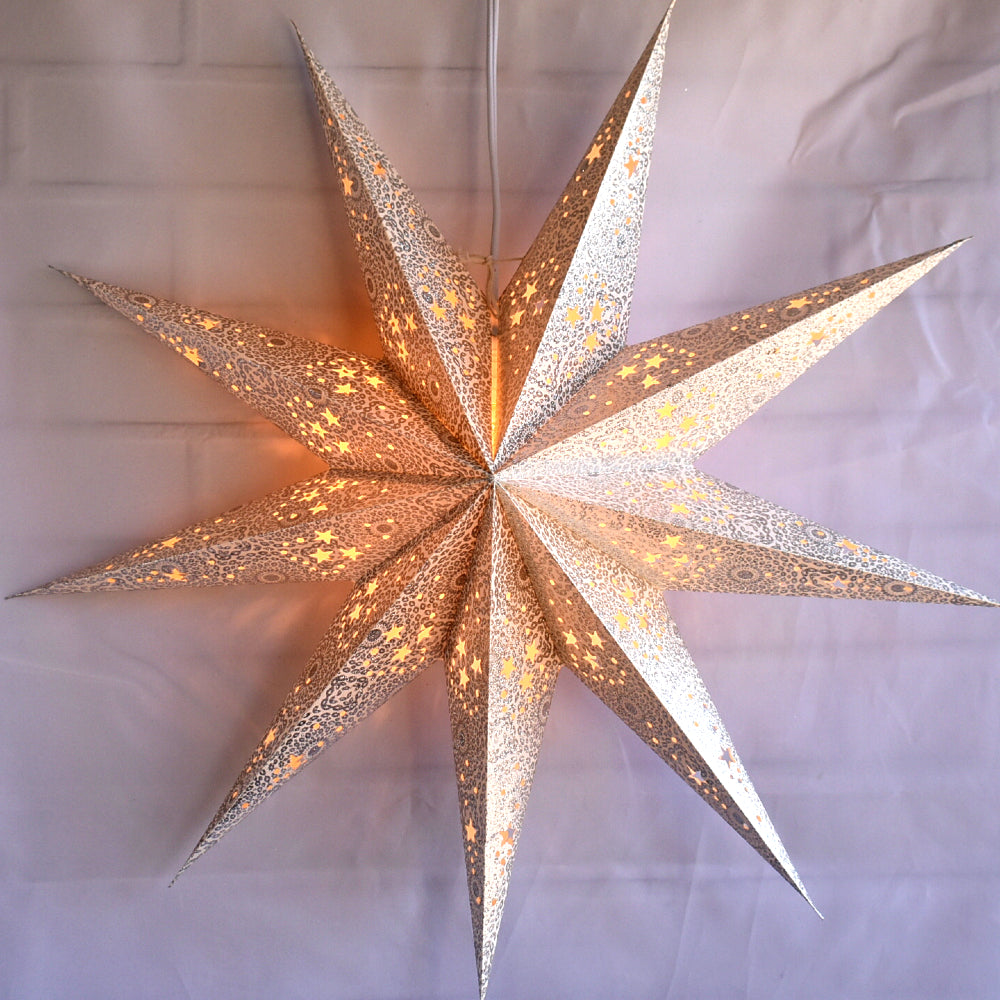 3-PACK + Cord | 9 Point Silver Diamonds Glitter 24&quot; Illuminated Paper Star Lanterns and Lamp Cord Hanging Decorations - PaperLanternStore.com - Paper Lanterns, Decor, Party Lights &amp; More