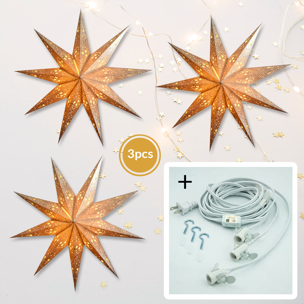 3-PACK + Cord | 9 Point Silver Diamonds Glitter 24" Illuminated Paper Star Lanterns and Lamp Cord Hanging Decorations - PaperLanternStore.com - Paper Lanterns, Decor, Party Lights & More