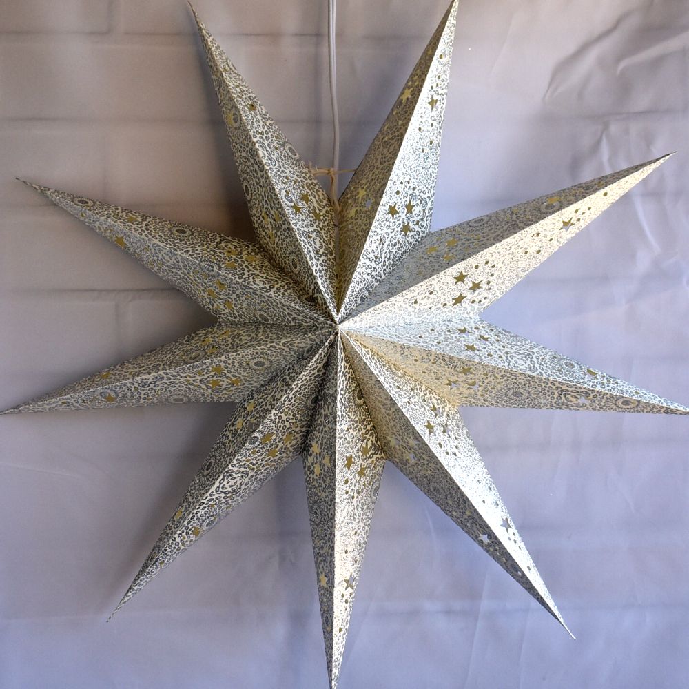 24" 9 Point Silver Diamonds Glitter Paper Star Lantern, Hanging Decoration - PaperLanternStore.com - Paper Lanterns, Decor, Party Lights & More