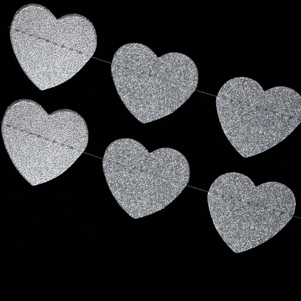 Silver Glitter Heart Shaped Paper Garland Banner (10FT) - PaperLanternStore.com - Paper Lanterns, Decor, Party Lights &amp; More