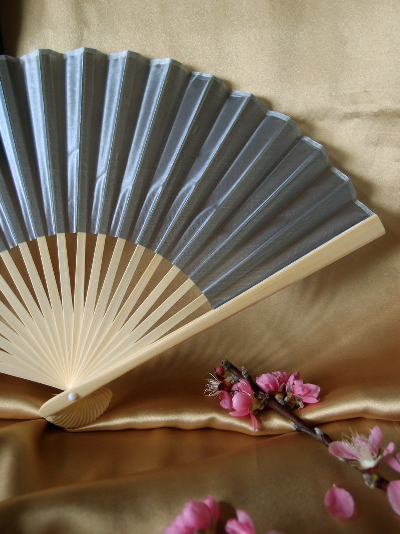 9&quot; Silver Silk Hand Fans for Weddings (10 Pack) - PaperLanternStore.com - Paper Lanterns, Decor, Party Lights &amp; More