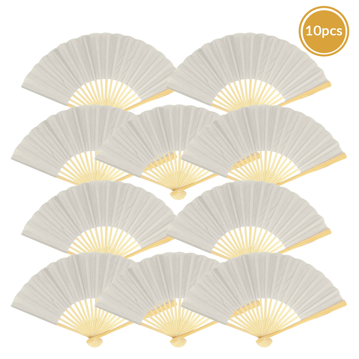 9" Silver Silk Hand Fans for Weddings (10 Pack)