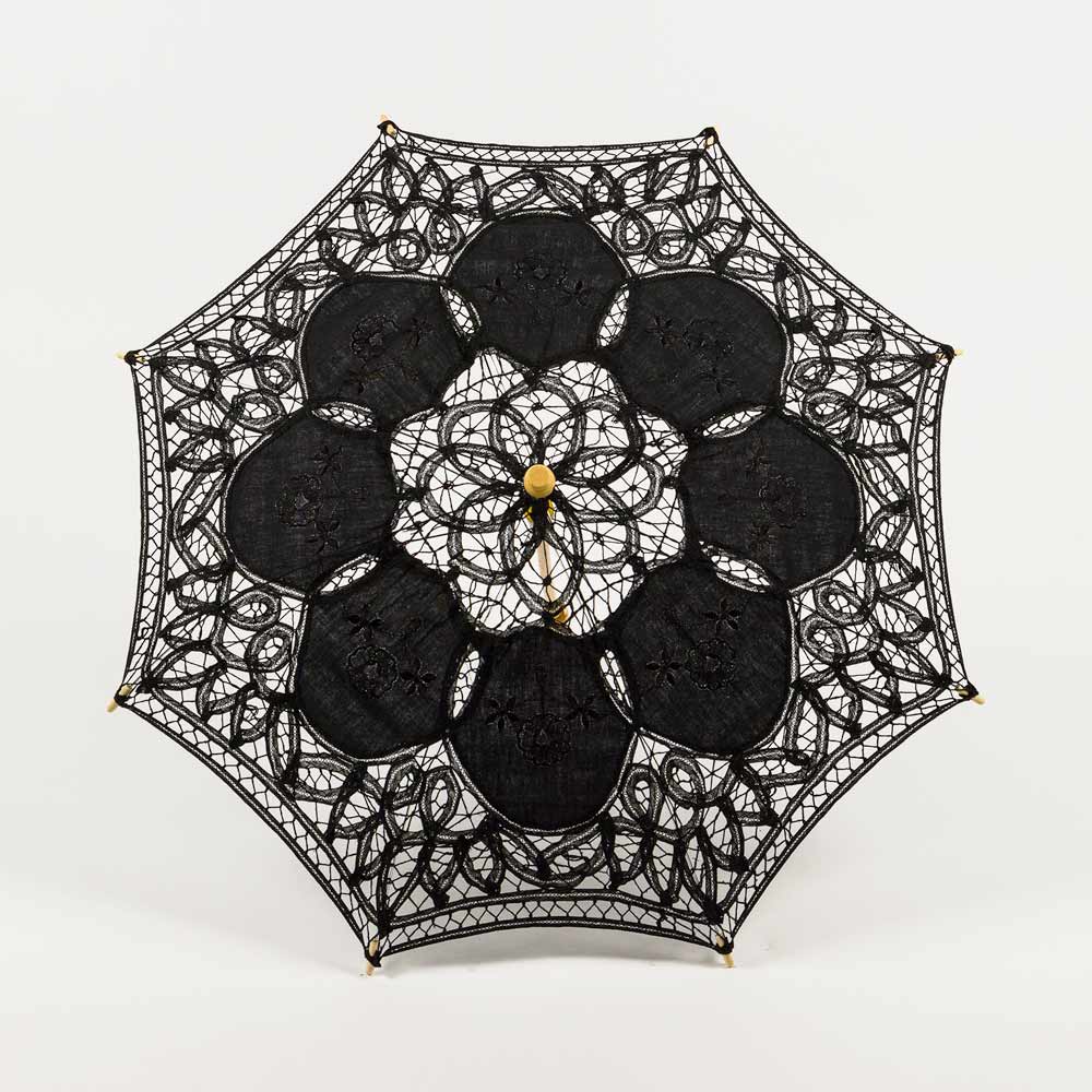 32&quot; Black Lace Cotton Fabric Parasol Umbrella w/ Metal Frame - PaperLanternStore.com - Paper Lanterns, Decor, Party Lights &amp; More