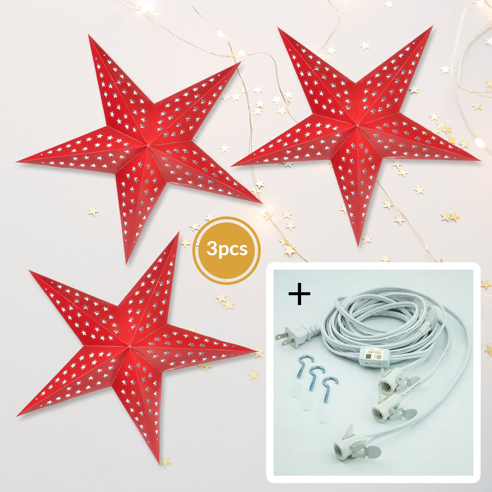 3-PACK + Cord | Red Starry Night 24&quot; Illuminated Paper Star Lanterns and Lamp Cord Hanging Decorations - PaperLanternStore.com - Paper Lanterns, Decor, Party Lights &amp; More