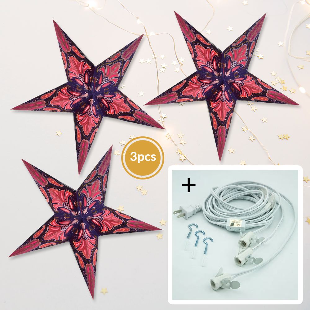 3-PACK + Cord | Plum Purple Flamenco Glitter 24&quot; Illuminated Paper Star Lanterns and Lamp Cord Hanging Decorations - PaperLanternStore.com - Paper Lanterns, Decor, Party Lights &amp; More