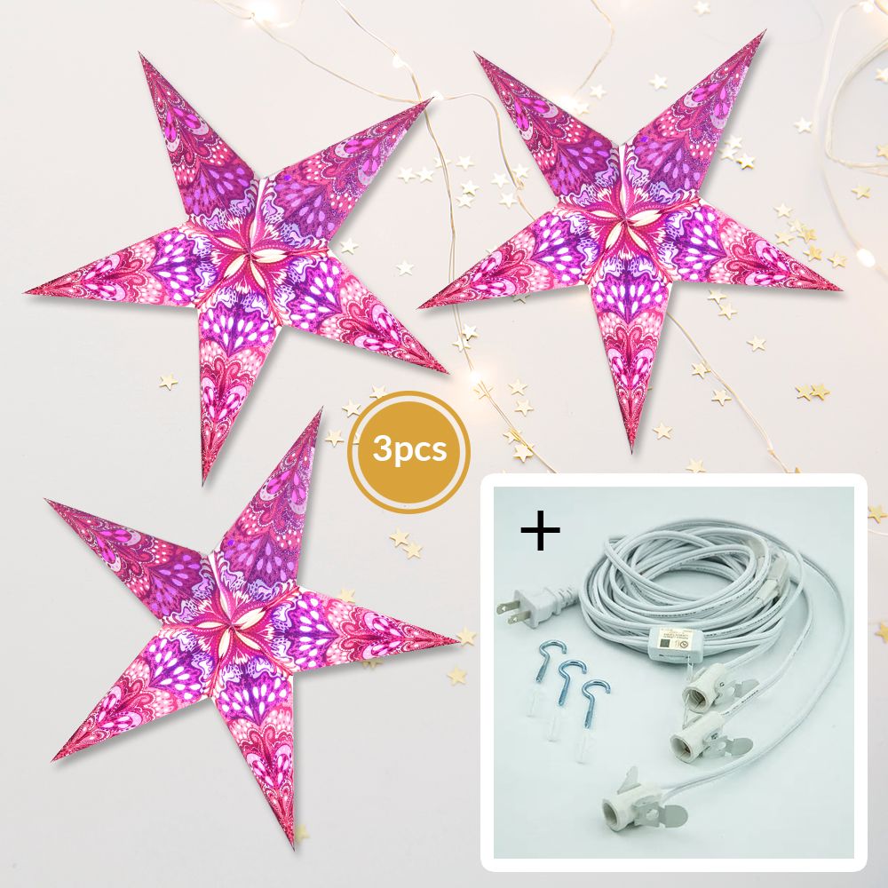 3-PACK + Cord | Pink Heart's Desire Glitter 24" Illuminated Paper Star Lanterns and Lamp Cord Hanging Decorations - PaperLanternStore.com - Paper Lanterns, Decor, Party Lights & More
