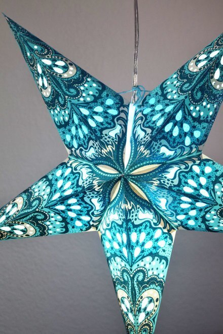 3-PACK + Cord | Turquoise Blue Heart's Desire Glitter 24" Illuminated Paper Star Lanterns and Lamp Cord Hanging Decorations - PaperLanternStore.com - Paper Lanterns, Decor, Party Lights & More