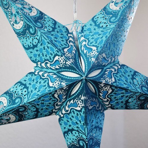 3-PACK + Cord | Turquoise Blue Heart&#39;s Desire Glitter 24&quot; Illuminated Paper Star Lanterns and Lamp Cord Hanging Decorations - PaperLanternStore.com - Paper Lanterns, Decor, Party Lights &amp; More