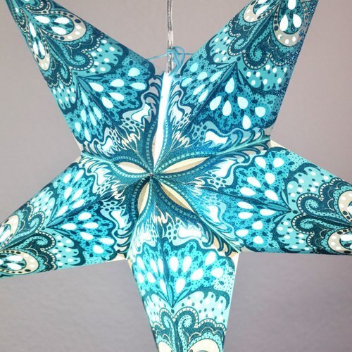 3-PACK + Cord | Turquoise Blue Heart&#39;s Desire Glitter 24&quot; Illuminated Paper Star Lanterns and Lamp Cord Hanging Decorations - PaperLanternStore.com - Paper Lanterns, Decor, Party Lights &amp; More