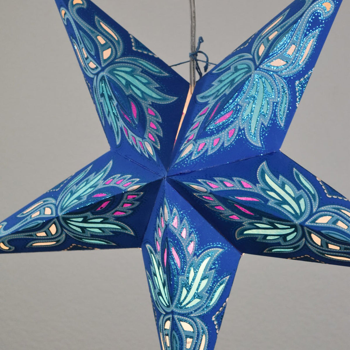 3-PACK + Cord | Dark Blue Lotus Glittered 24&quot; Illuminated Paper Star Lanterns and Lamp Cord Hanging Decorations - PaperLanternStore.com - Paper Lanterns, Decor, Party Lights &amp; More