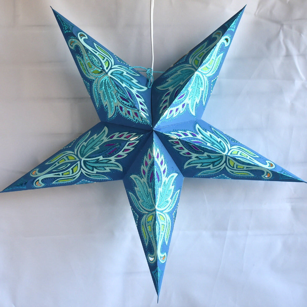 3-PACK + Cord | Dark Blue Lotus Glittered 24&quot; Illuminated Paper Star Lanterns and Lamp Cord Hanging Decorations - PaperLanternStore.com - Paper Lanterns, Decor, Party Lights &amp; More