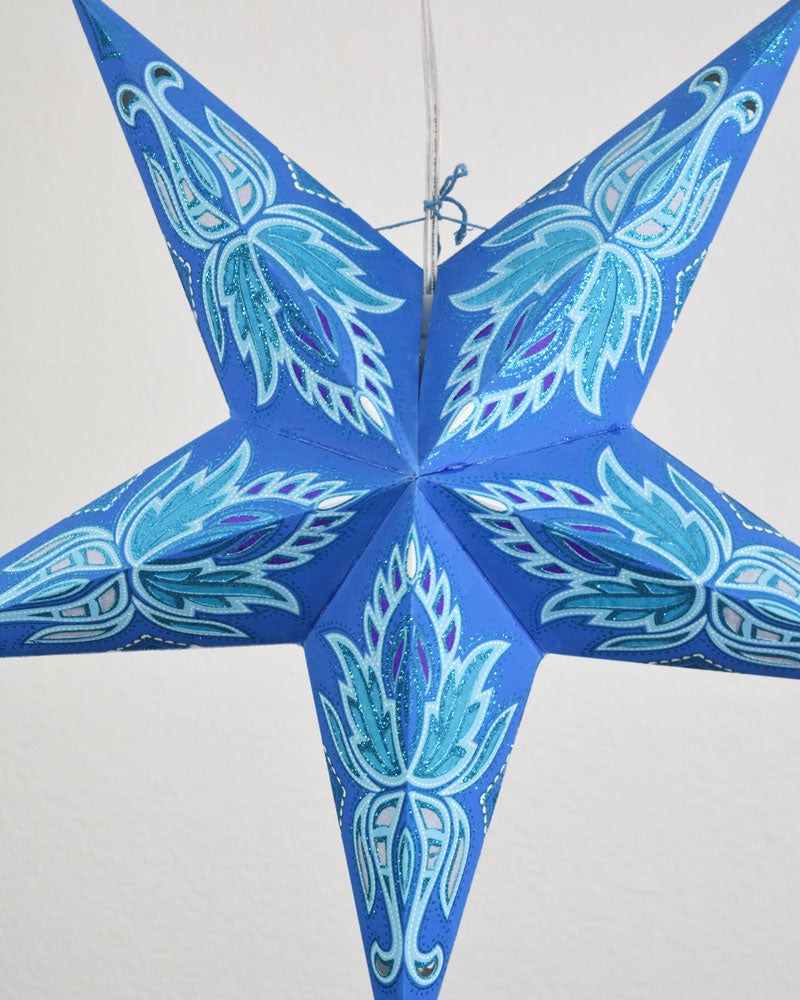24" Blue / Turquoise Lotus Glitter Paper Star Lantern, Hanging - PaperLanternStore.com - Paper Lanterns, Decor, Party Lights & More
