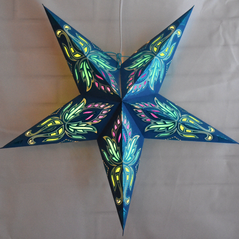 24&quot; Blue / Turquoise Lotus Glitter Paper Star Lantern, Hanging - PaperLanternStore.com - Paper Lanterns, Decor, Party Lights &amp; More