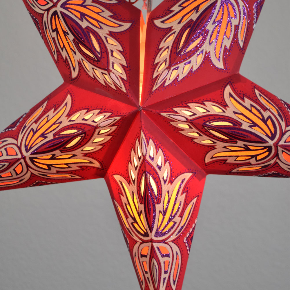 24" Red / Vanilla Cream Lotus Glitter Paper Star Lantern, Hanging