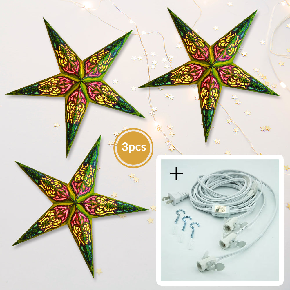3-PACK + Cord | Chartreuse Green Meditation Glitter 24&quot; Illuminated Paper Star Lanterns and Lamp Cord Hanging Decorations - PaperLanternStore.com - Paper Lanterns, Decor, Party Lights &amp; More