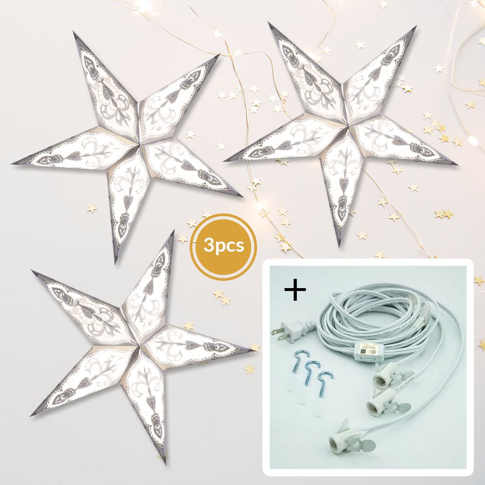 3-PACK + Cord | Grey Meditation Glitter 24&quot; Illuminated Paper Star Lanterns and Lamp Cord Hanging Decorations - PaperLanternStore.com - Paper Lanterns, Decor, Party Lights &amp; More