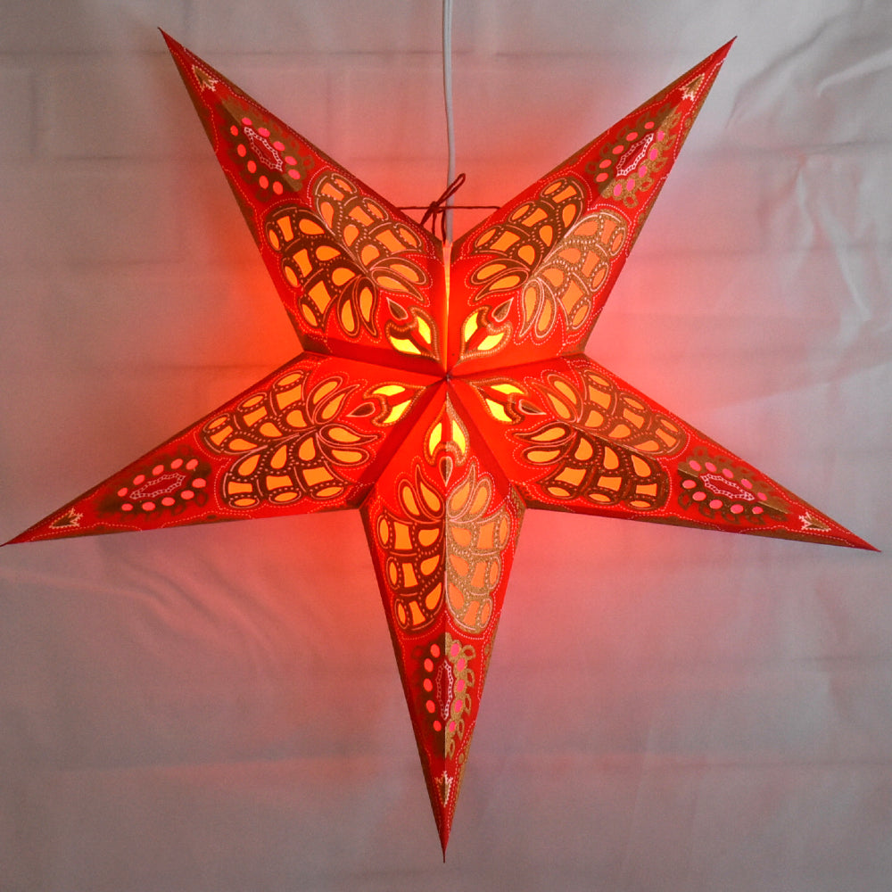 3-PACK + Cord | Red Monarch Glitter 24&quot; Illuminated Paper Star Lanterns and Lamp Cord Hanging Decorations - PaperLanternStore.com - Paper Lanterns, Decor, Party Lights &amp; More