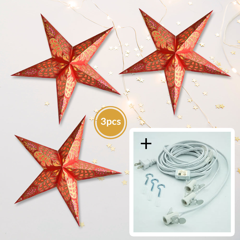 3-PACK + Cord | Red Monarch Glitter 24" Illuminated Paper Star Lanterns and Lamp Cord Hanging Decorations - PaperLanternStore.com - Paper Lanterns, Decor, Party Lights & More