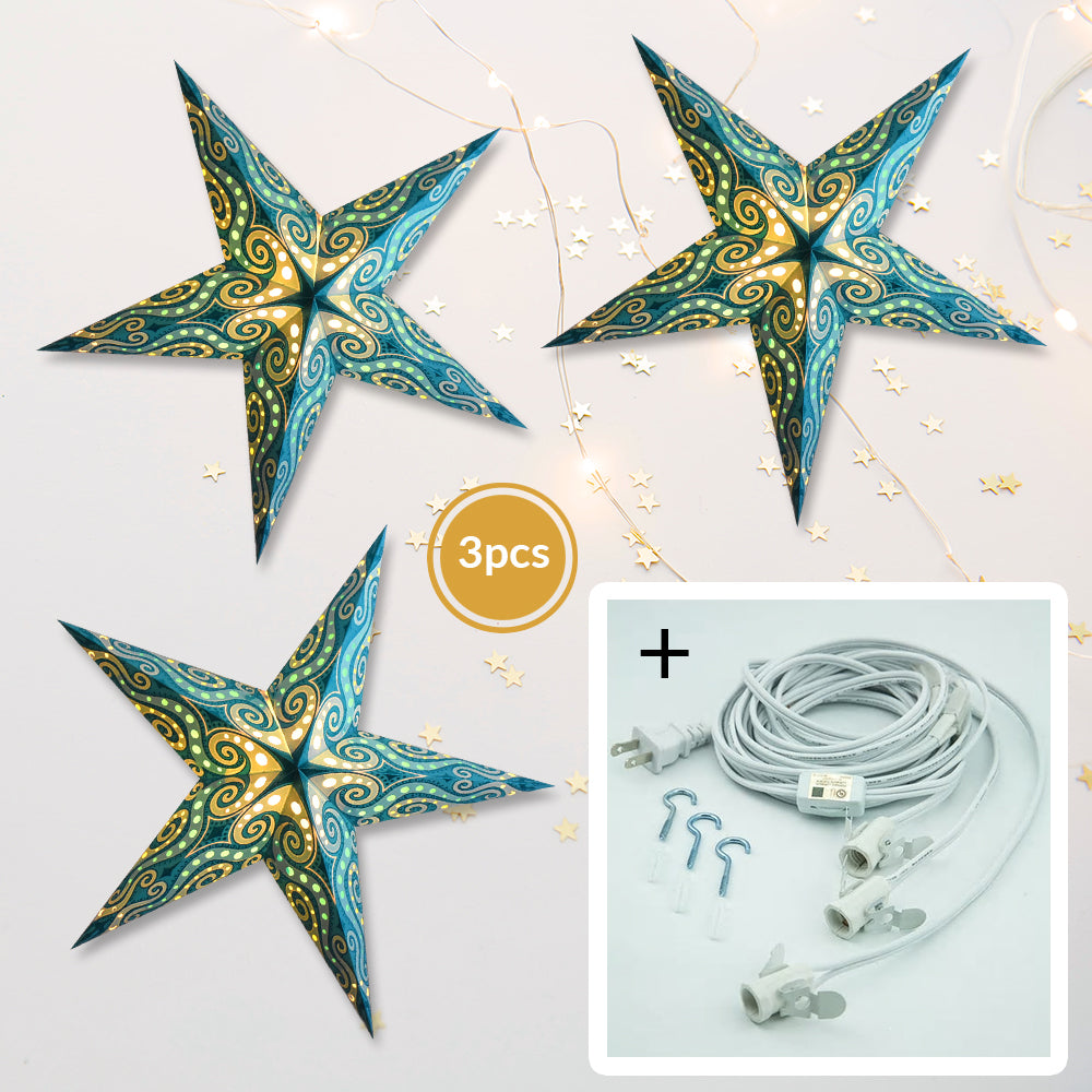 3-PACK + Cord | Light Blue Mouri Glitter 24&quot; Illuminated Paper Star Lanterns and Lamp Cord Hanging Decorations - PaperLanternStore.com - Paper Lanterns, Decor, Party Lights &amp; More