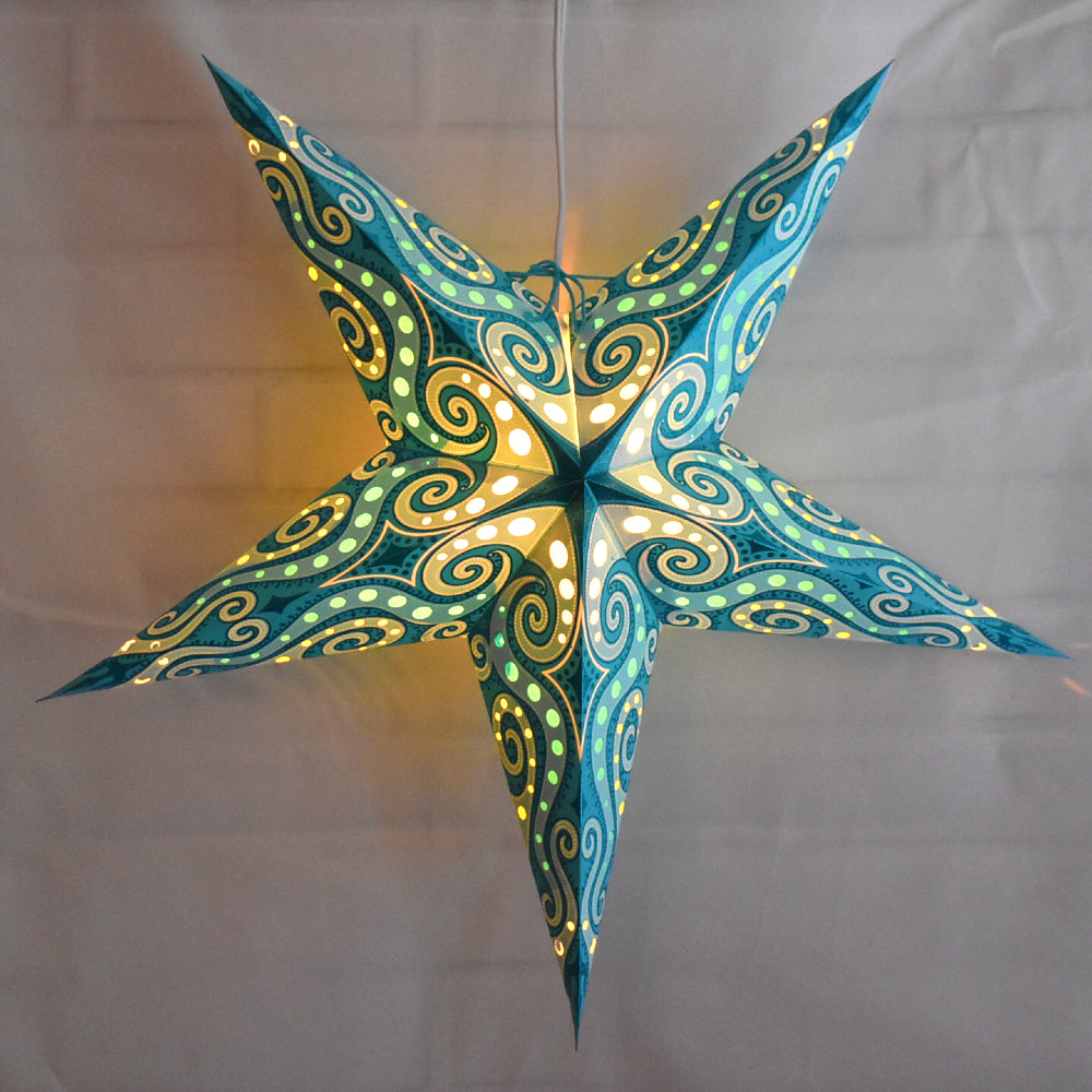 24&quot; Green Sea Foam Mouri Blue Glitter Paper Star Lantern, Hanging - PaperLanternStore.com - Paper Lanterns, Decor, Party Lights &amp; More