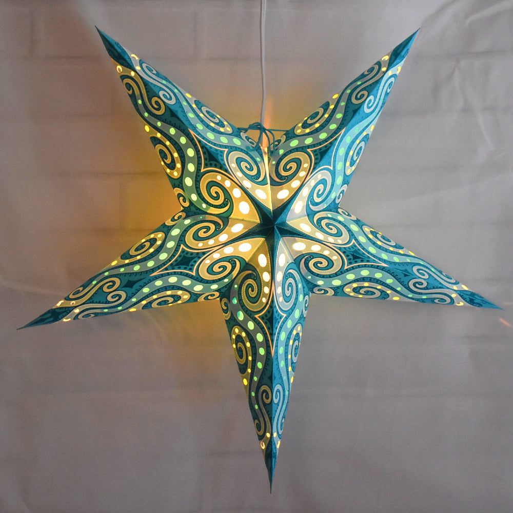 24" Green Sea Foam Mouri Blue Glitter Paper Star Lantern, Hanging - PaperLanternStore.com - Paper Lanterns, Decor, Party Lights & More