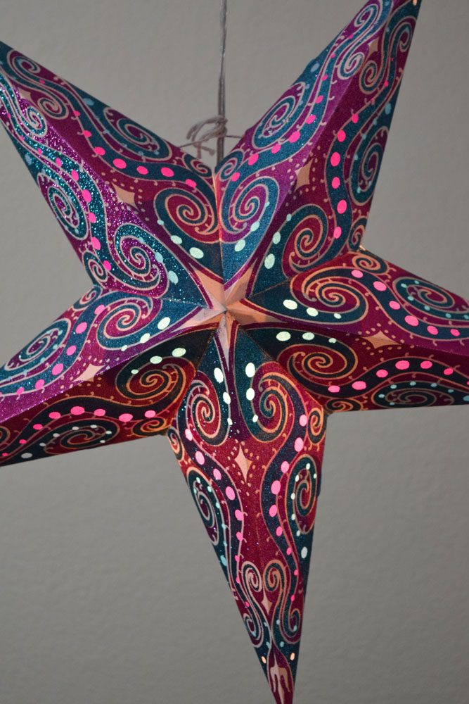 3-PACK + Cord | Violet Purple Mouri Glitter 24" Illuminated Paper Star Lanterns and Lamp Cord Hanging Decorations - PaperLanternStore.com - Paper Lanterns, Decor, Party Lights & More