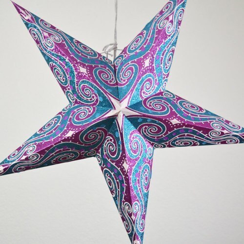 3-PACK + Cord | Violet Purple Mouri Glitter 24&quot; Illuminated Paper Star Lanterns and Lamp Cord Hanging Decorations - PaperLanternStore.com - Paper Lanterns, Decor, Party Lights &amp; More