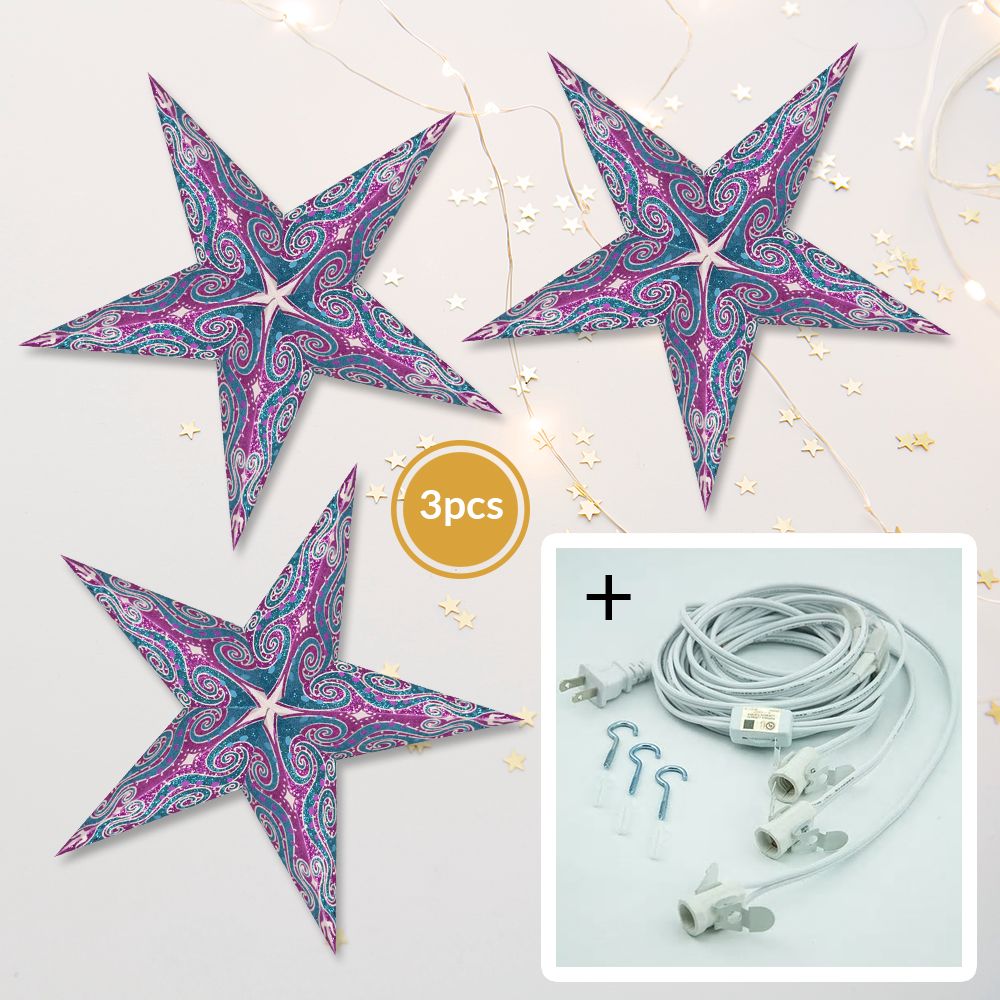3-PACK + Cord | Violet Purple Mouri Glitter 24&quot; Illuminated Paper Star Lanterns and Lamp Cord Hanging Decorations - PaperLanternStore.com - Paper Lanterns, Decor, Party Lights &amp; More