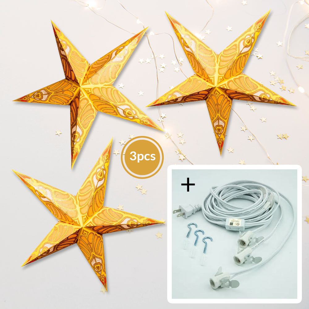 3-PACK + Cord | Yellow Parrot Glitter 24" Illuminated Paper Star Lanterns and Lamp Cord Hanging Decorations - PaperLanternStore.com - Paper Lanterns, Decor, Party Lights & More
