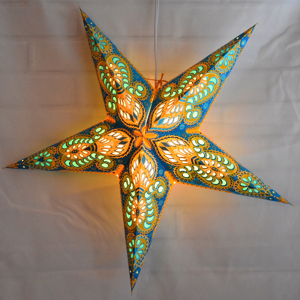 3-PACK + Cord | Turquoise Blue and Yellow Glitter Peacock 24" Illuminated Paper Star Lanterns and Lamp Cord Hanging Decorations - PaperLanternStore.com - Paper Lanterns, Decor, Party Lights & More