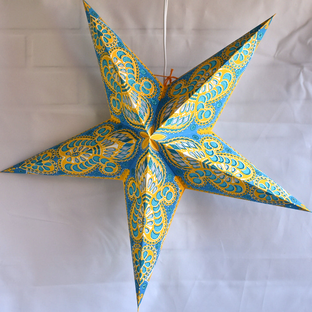 24&quot; Turquoise / Yellow Peacock Glitter Paper Star Lantern, Hanging Decoration - PaperLanternStore.com - Paper Lanterns, Decor, Party Lights &amp; More