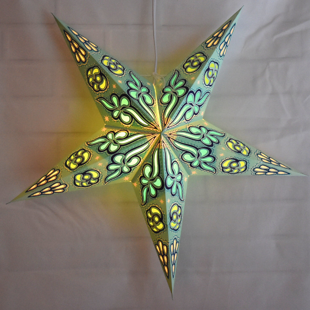 3-PACK + Cord | Green Dahlia 24&quot; Illuminated Paper Star Lanterns and Lamp Cord Hanging Decorations - PaperLanternStore.com - Paper Lanterns, Decor, Party Lights &amp; More