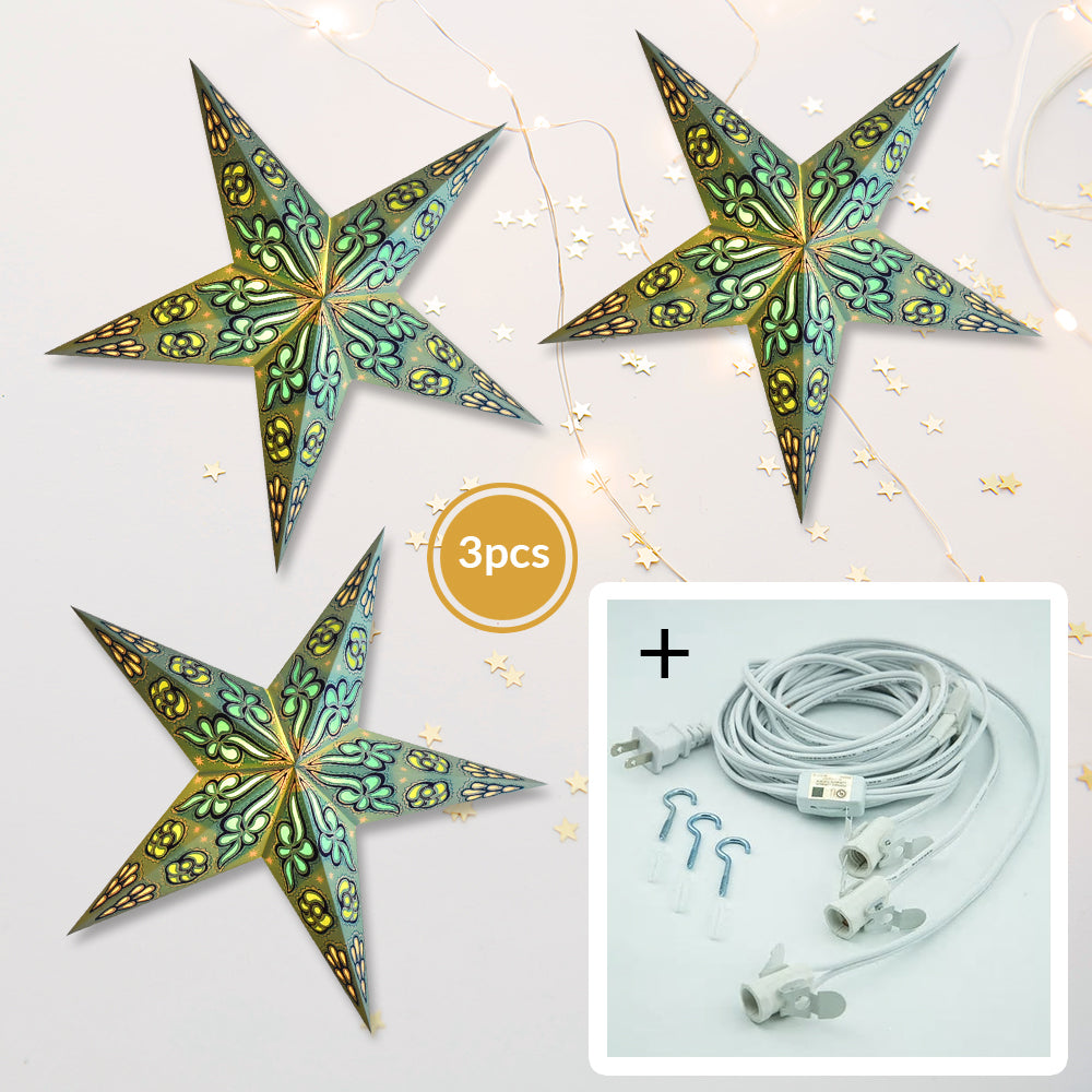 3-PACK + Cord | Green Dahlia 24&quot; Illuminated Paper Star Lanterns and Lamp Cord Hanging Decorations - PaperLanternStore.com - Paper Lanterns, Decor, Party Lights &amp; More