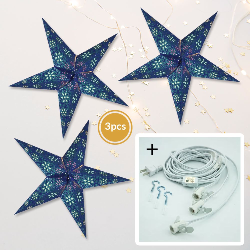 3-PACK + Cord | Dark Blue Winds Glitter 24&quot; Illuminated Paper Star Lanterns and Lamp Cord Hanging Decorations - PaperLanternStore.com - Paper Lanterns, Decor, Party Lights &amp; More