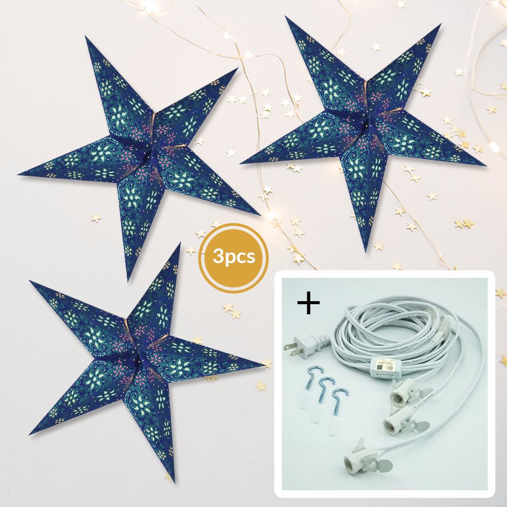 3-PACK + Cord | Dark Blue Winds Glitter 24" Illuminated Paper Star Lanterns and Lamp Cord Hanging Decorations - PaperLanternStore.com - Paper Lanterns, Decor, Party Lights & More