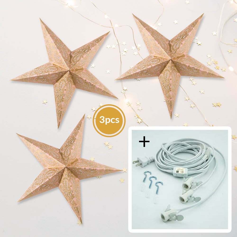 3-PACK + Cord | Bridal Pink Lace Paisley 24" Illuminated Paper Star Lanterns and Lamp Cord Hanging Decorations - PaperLanternStore.com - Paper Lanterns, Decor, Party Lights & More