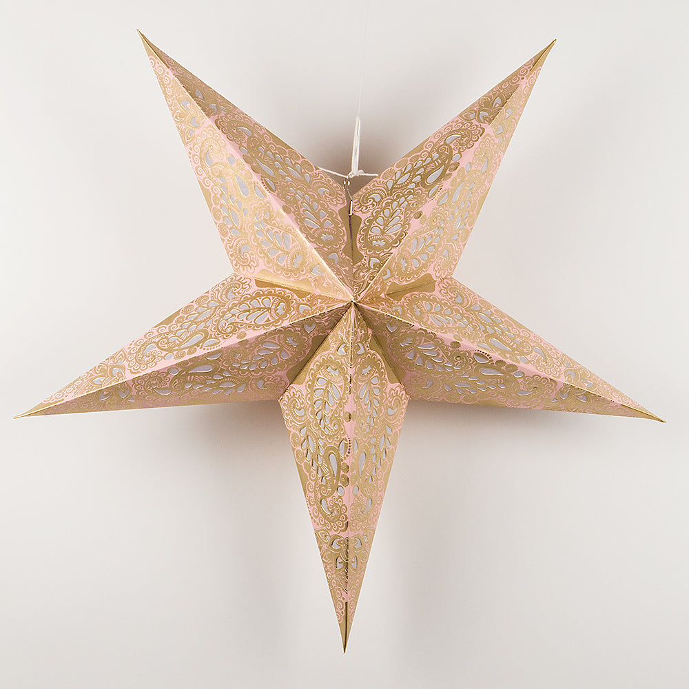 24&quot; Gold and Pink Paisley Paper Star Lantern, Hanging - PaperLanternStore.com - Paper Lanterns, Decor, Party Lights &amp; More